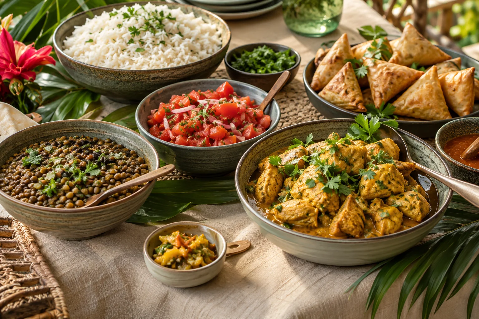 Illustration IA : buffet de cuisine créole et plats à partager