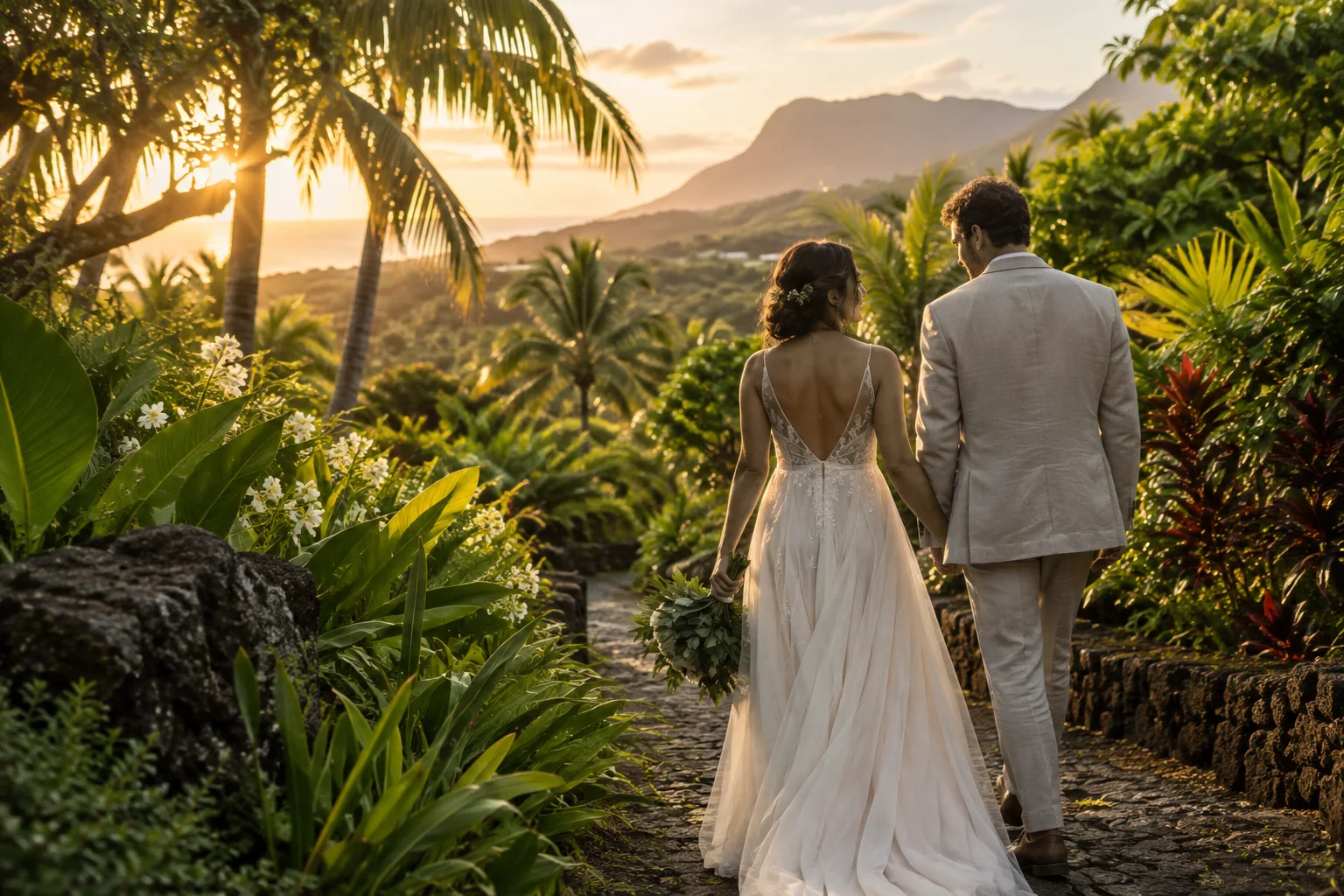 Illustration IA : instant de mariage dans un jardin tropical