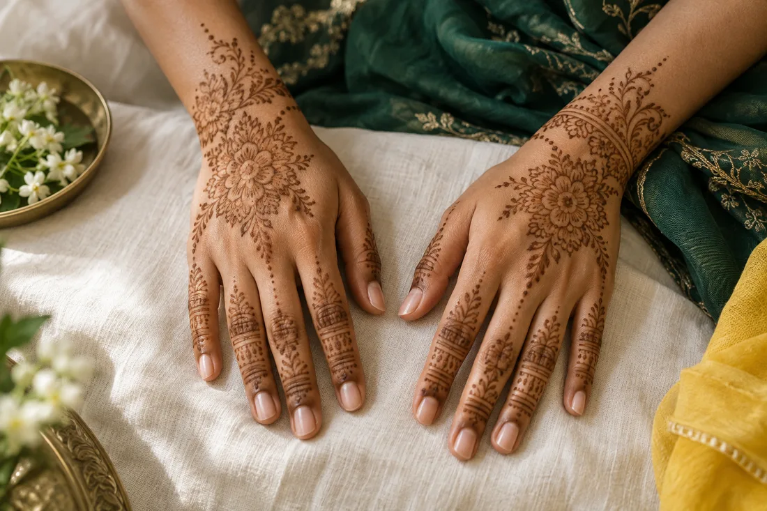 Illustration IA : motifs de henné sur les mains, sur du lin et un tissu vert